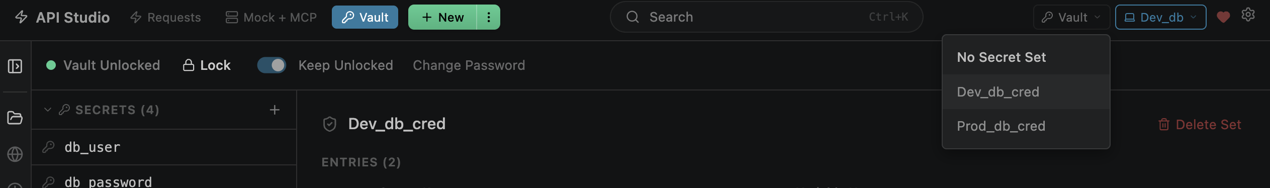 Environment dropdown with vault integration